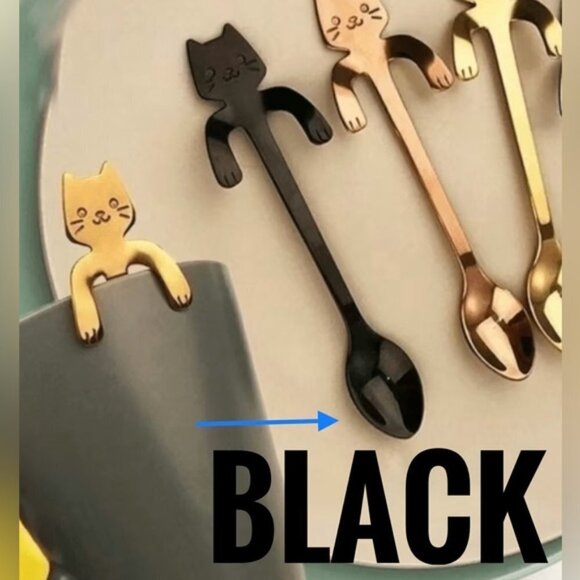 Cat Spoons Tea Spoons Stirrers Cup Hugging Kitty Cats Stainless Black 2 PC Set - Picture 2 of 14